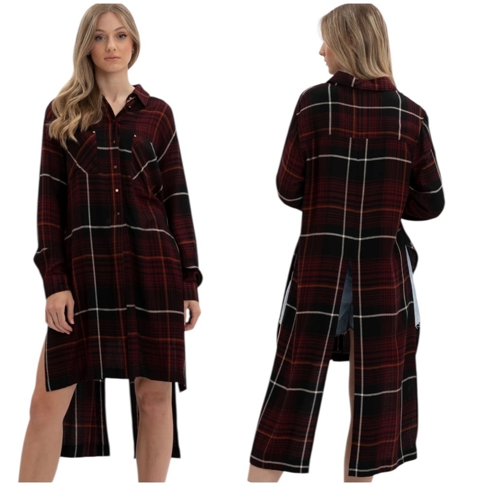California Moonrise Boho Plaid Button Front Asymmetric Longline Shirt Medium Red